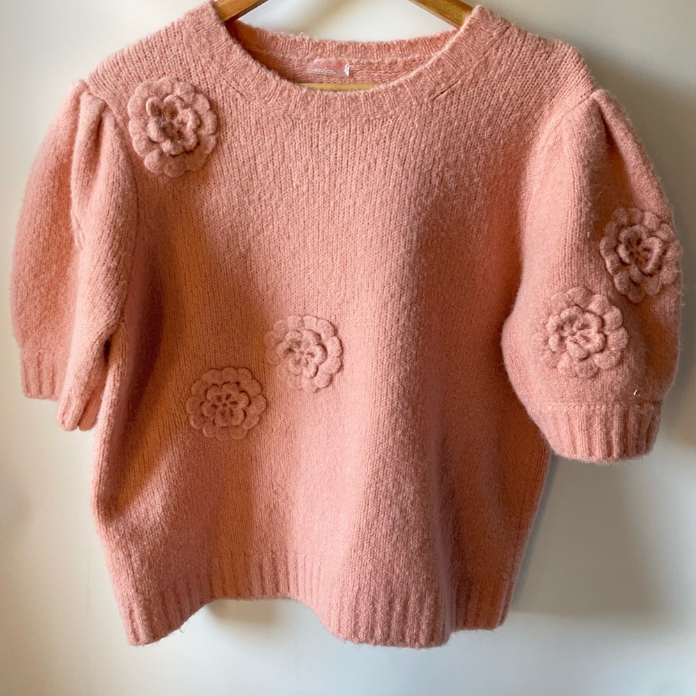 Free People Puff Sleeve Floral Applique Sweater SZ Small NWOT